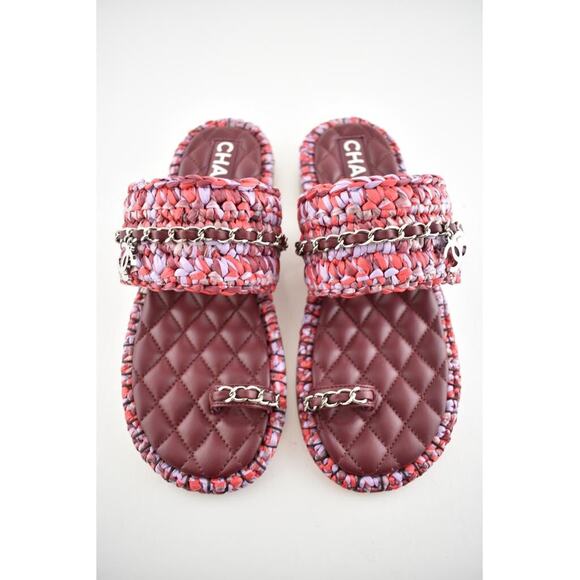 Chanel 20S Red Purple Raffia Tweed CC Chain Logo Mule Slide Strap Flat Sandal 37 - Picture 7 of 12